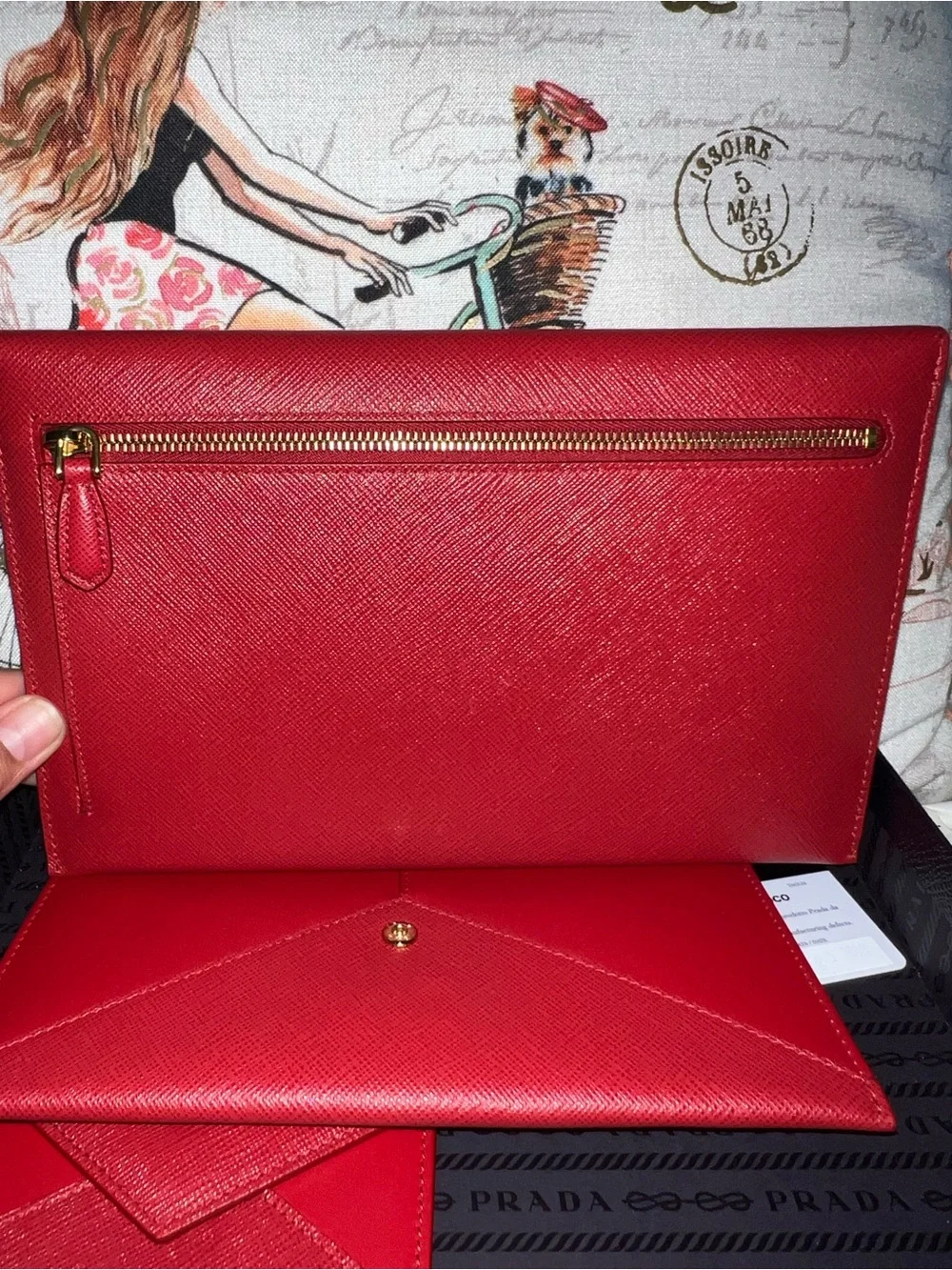 Prada Red Saffiano Envelope Clutch with Gold Logo